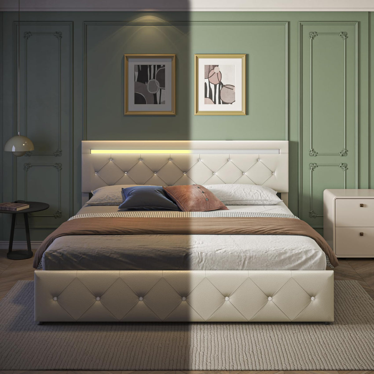 Full Size Bed Frame with LED Light and Storage Drawers N8486