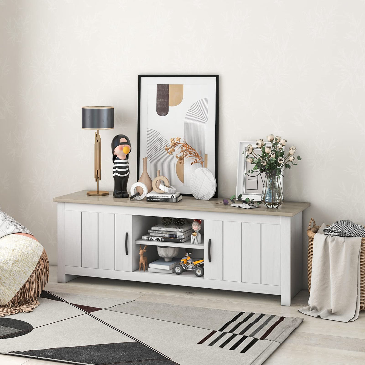 2 Doors TV Stand with 2 Cabinets & Open Shelves O24913