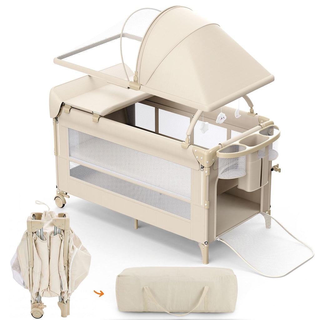 4 in 1 Foldable Pack and Play with Bassinet and Changing Table, Beige V8363
