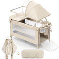 4 in 1 Foldable Pack and Play with Bassinet and Changing Table, Beige V8363