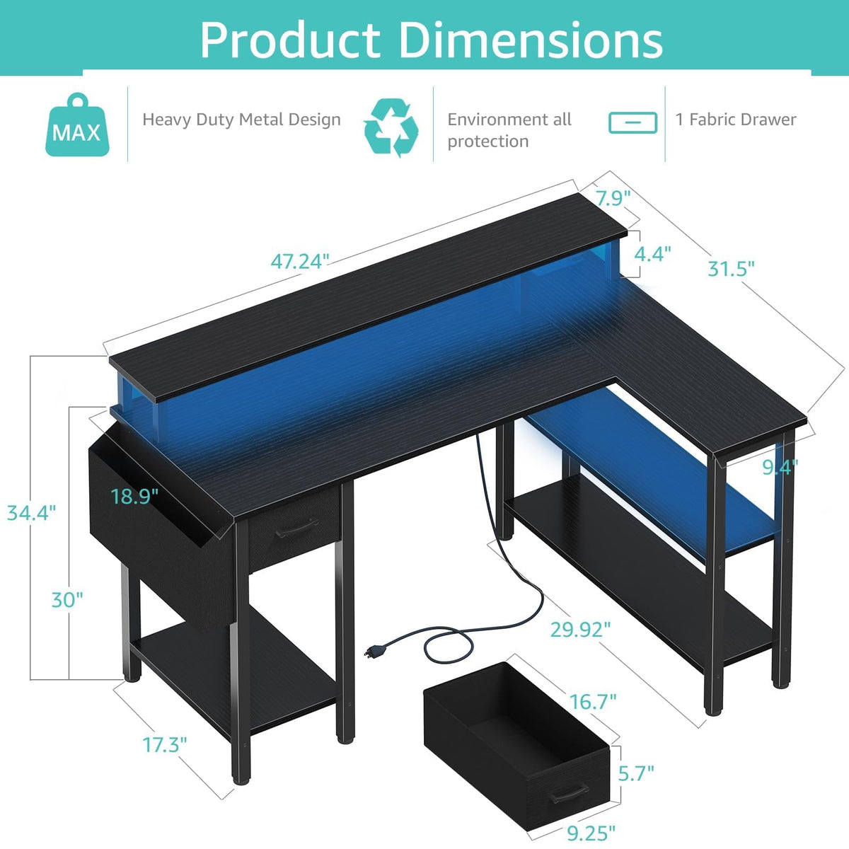 L Shaped Gaming Desk with Storage Shelves, 47 inch Black B2351
