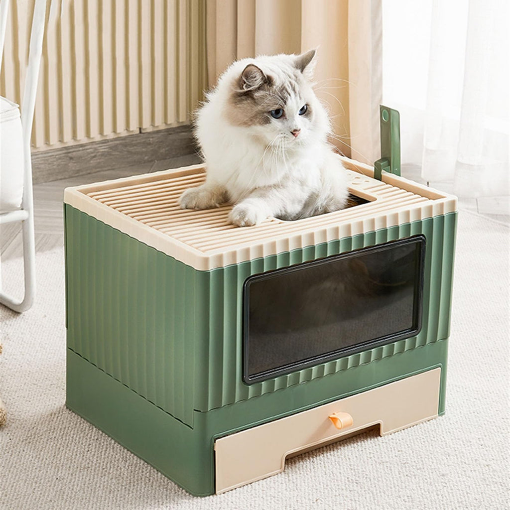 Top Entry Cat Litter Box with Lid Foldable Drawer Type Green A529923