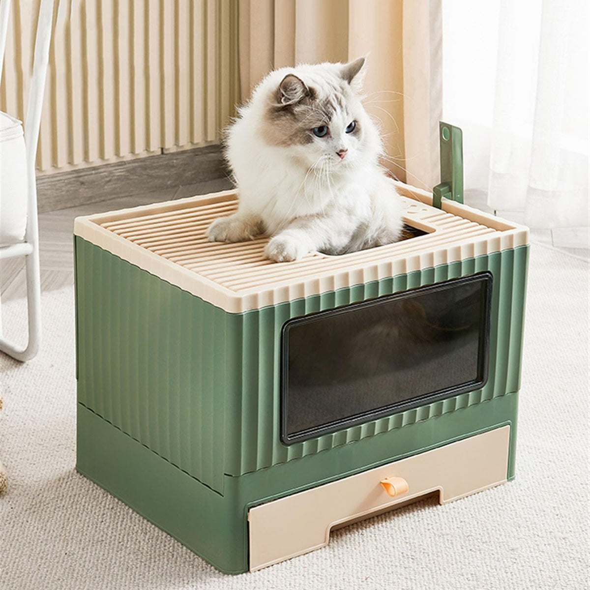 Top Entry Cat Litter Box with Lid Foldable Drawer Type Green A529923