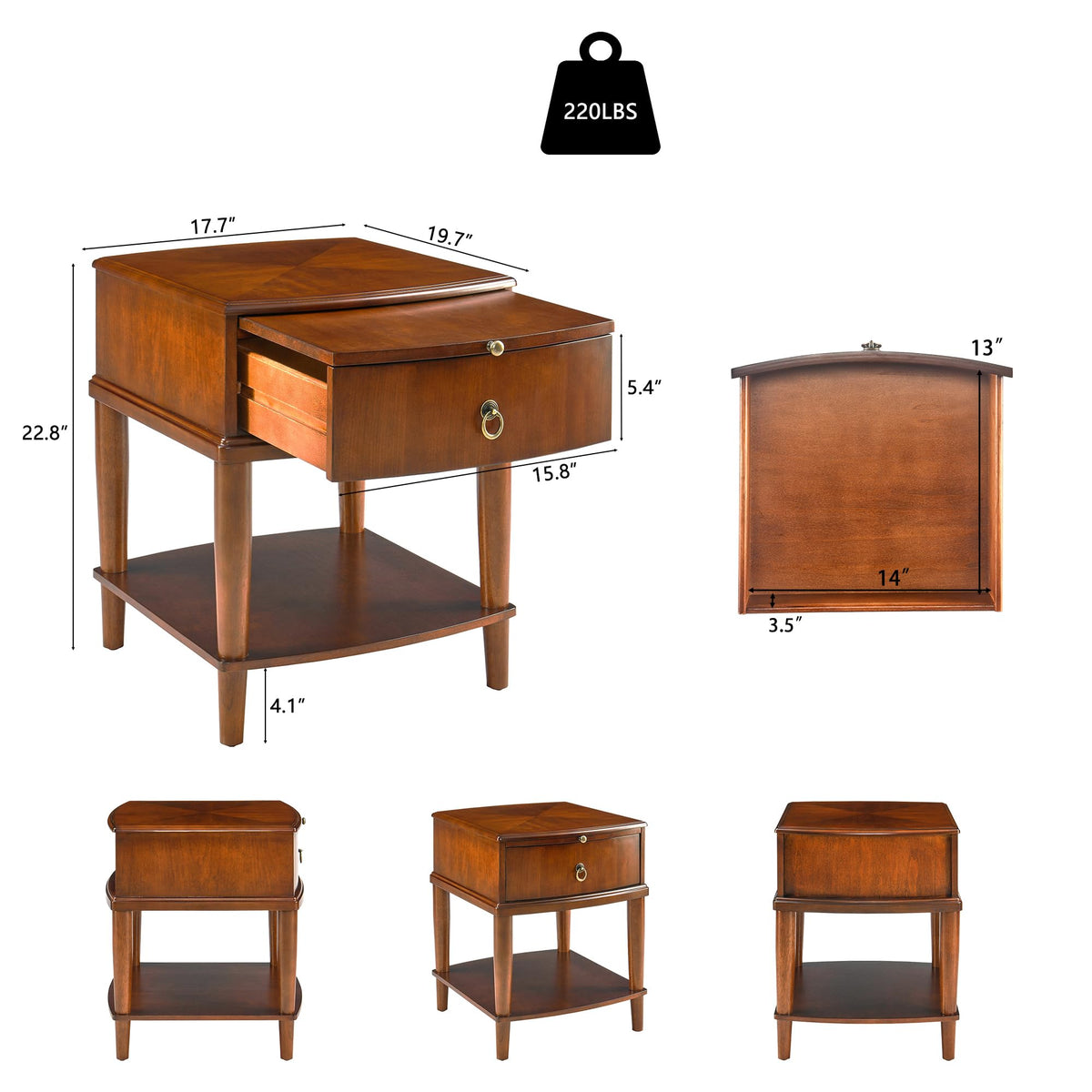 Large Cherry Wood 2-Tier Side Table with Drawer and Shelf M877655