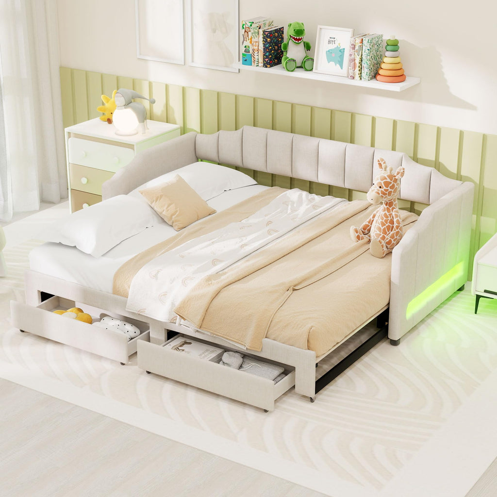 Twin XL to King Extendable Upholstered Daybed Frame with 2 Storage Drawers D1695