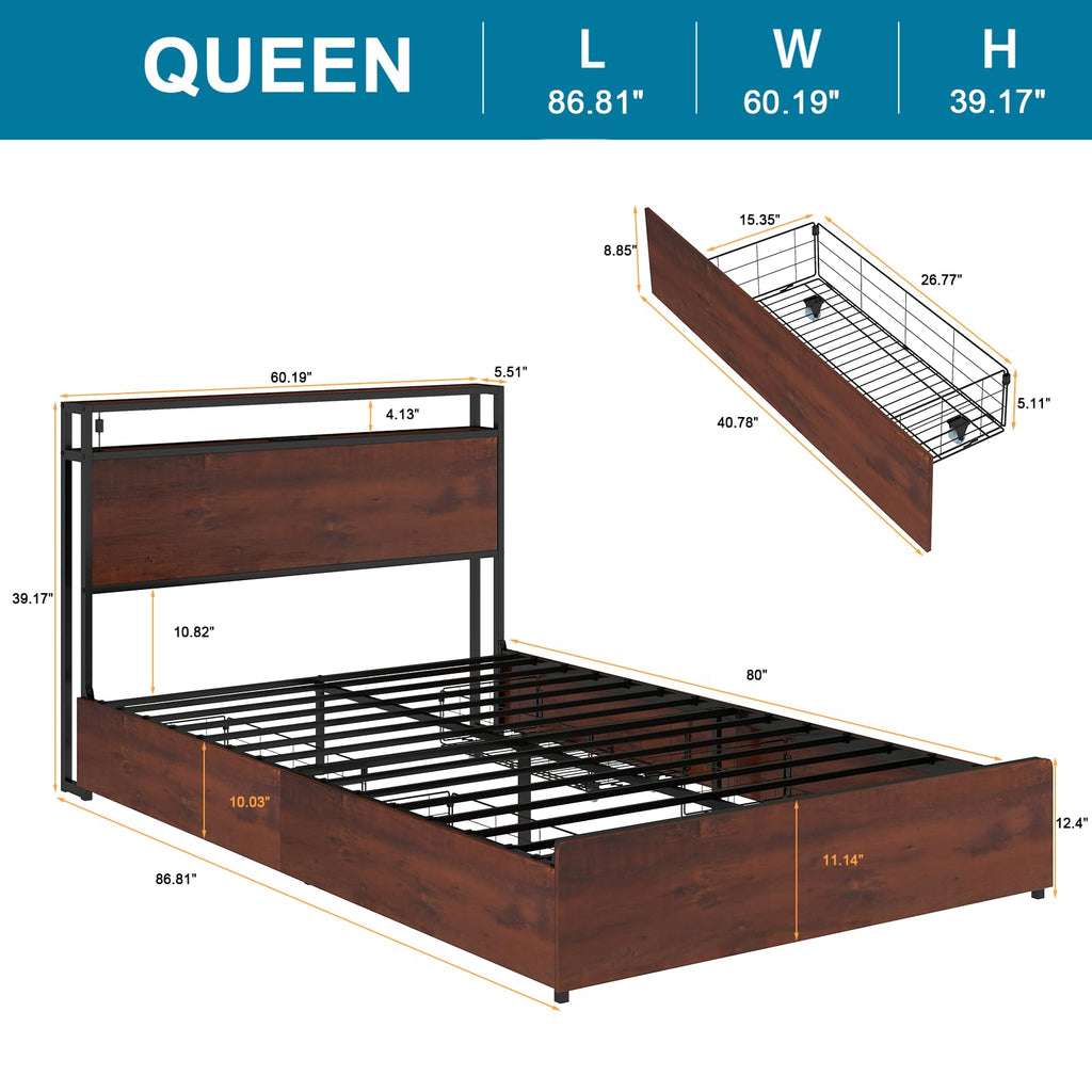 Queen Size Bed Frame with 4 Storage Drawers J364