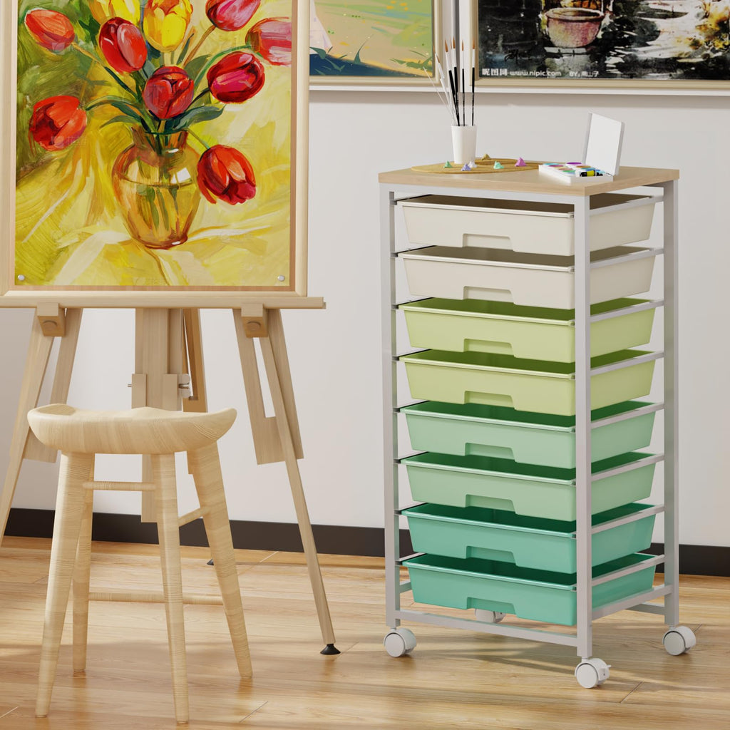 Rolling Storage Cart with 8 Drawers & Wooden Tabletop, Green, White Y36158