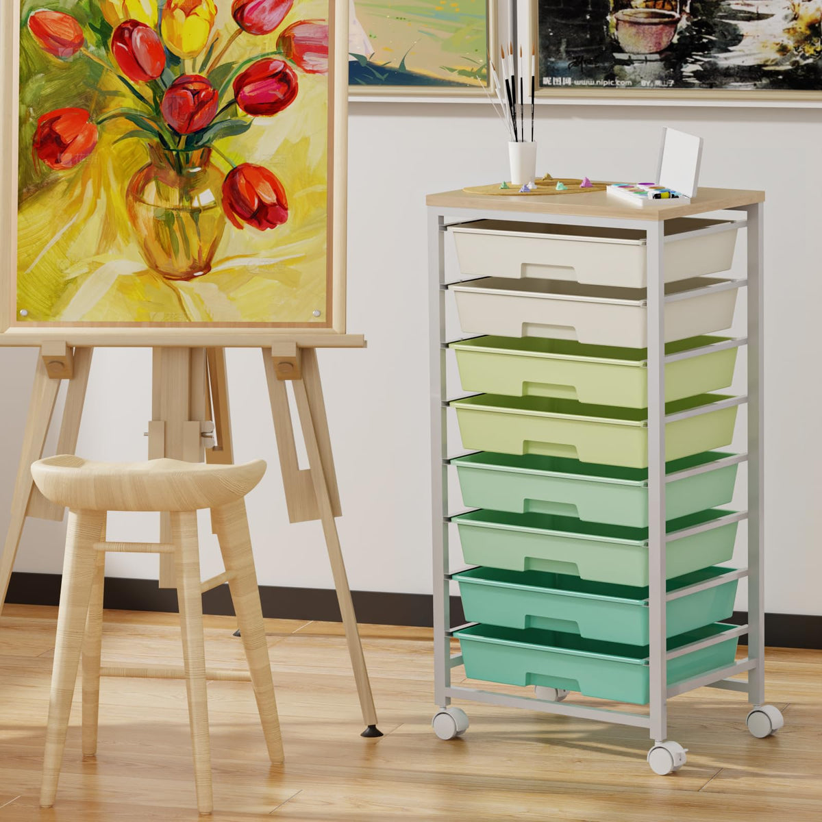 Rolling Storage Cart with 8 Drawers & Wooden Tabletop, Green, White Y36158