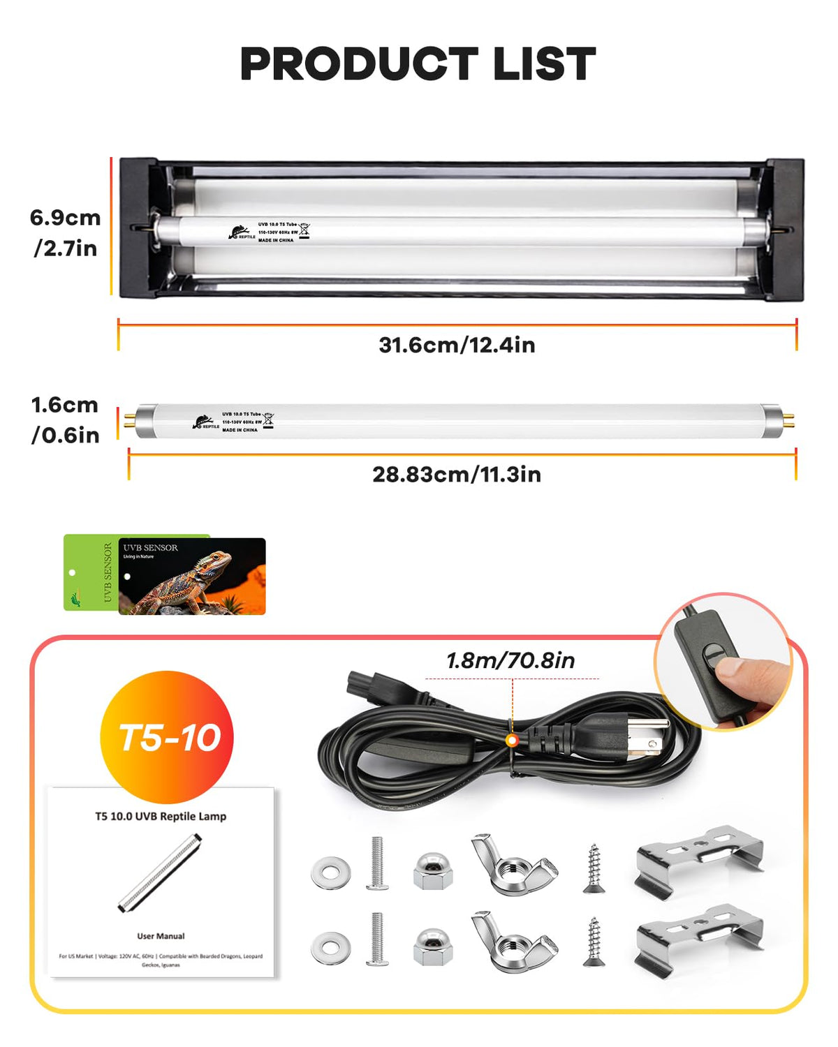 8W T5 UVB Reptile Light Fixture Combo Kit K18305
