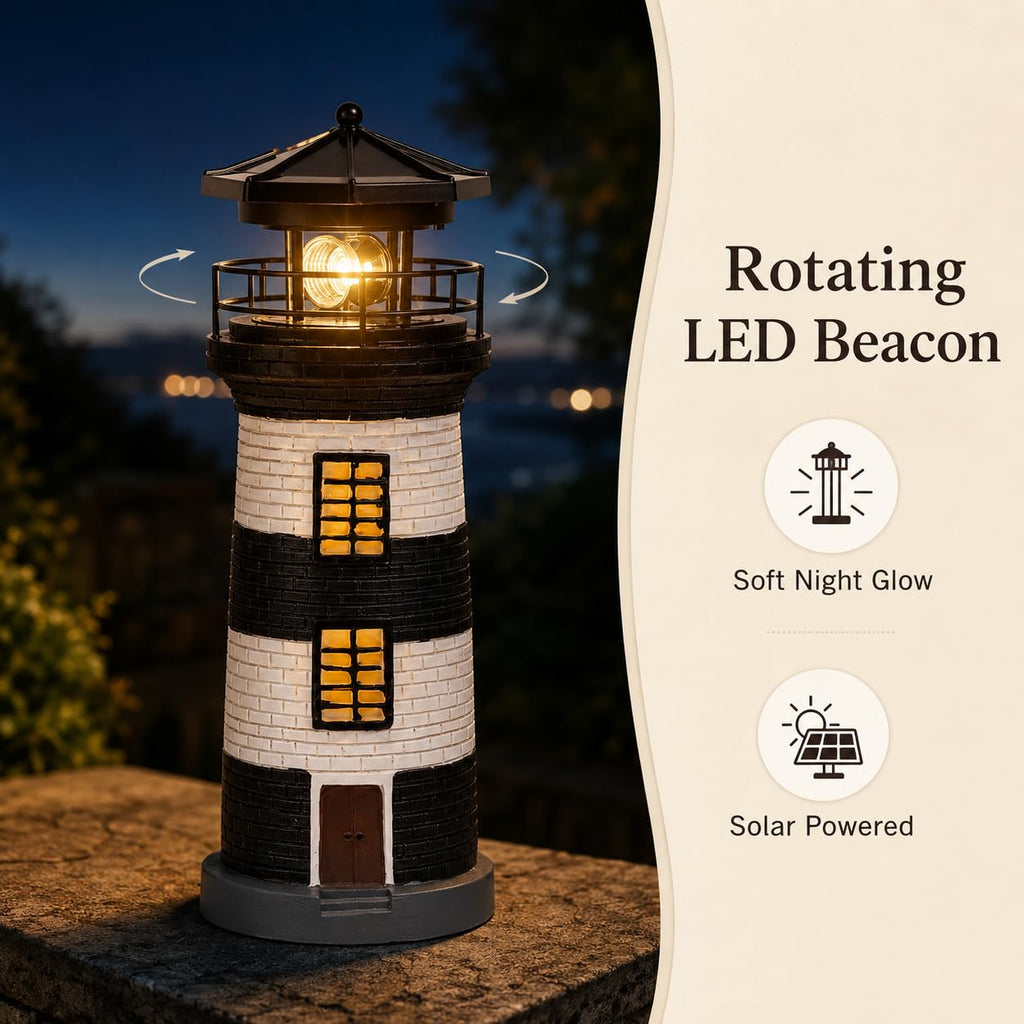 Solar Lighthouse Garden Light, Resin Outdoor Lighthouse Ornament with Rotating LED Beacon H6940