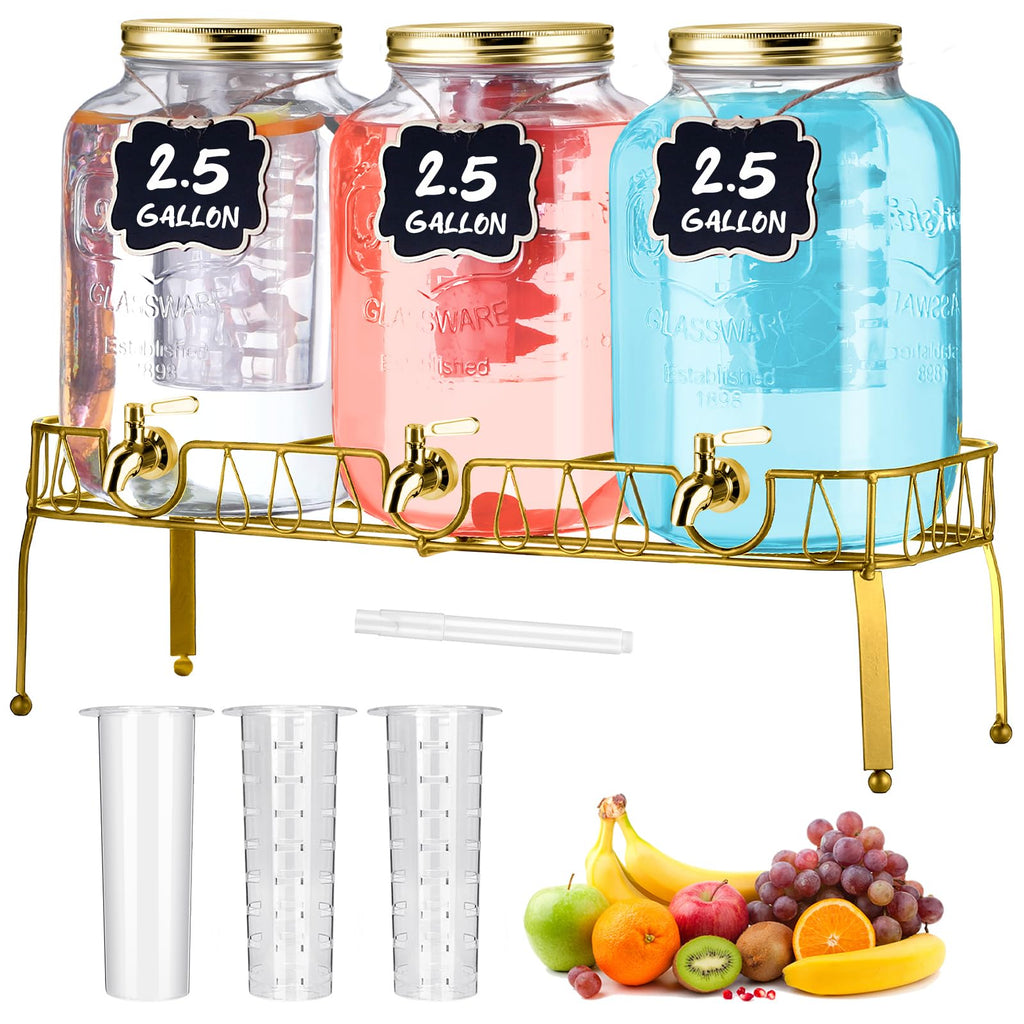 3 Pcs 2.5 Gallon Glass Beverage Dispensers with Stand M8748