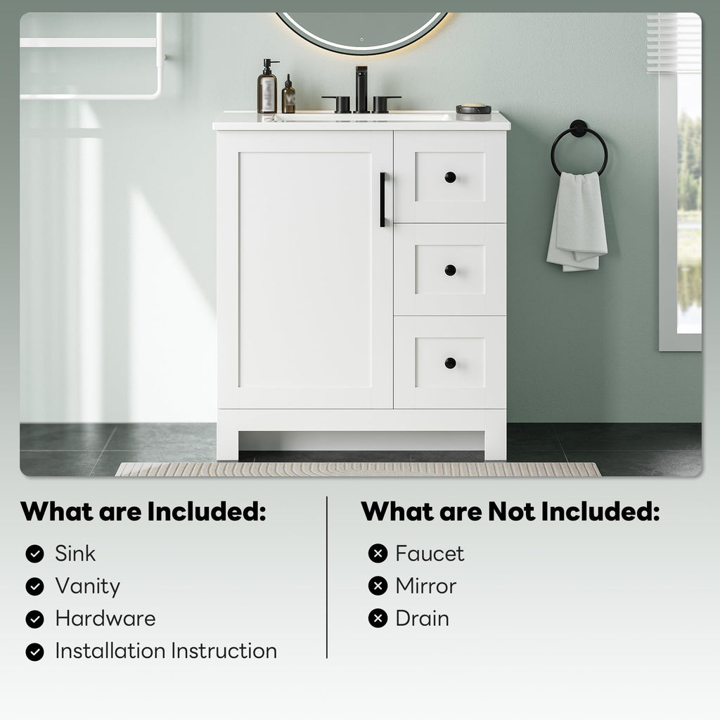 30" White Bathroom Vanity with Sink J1904