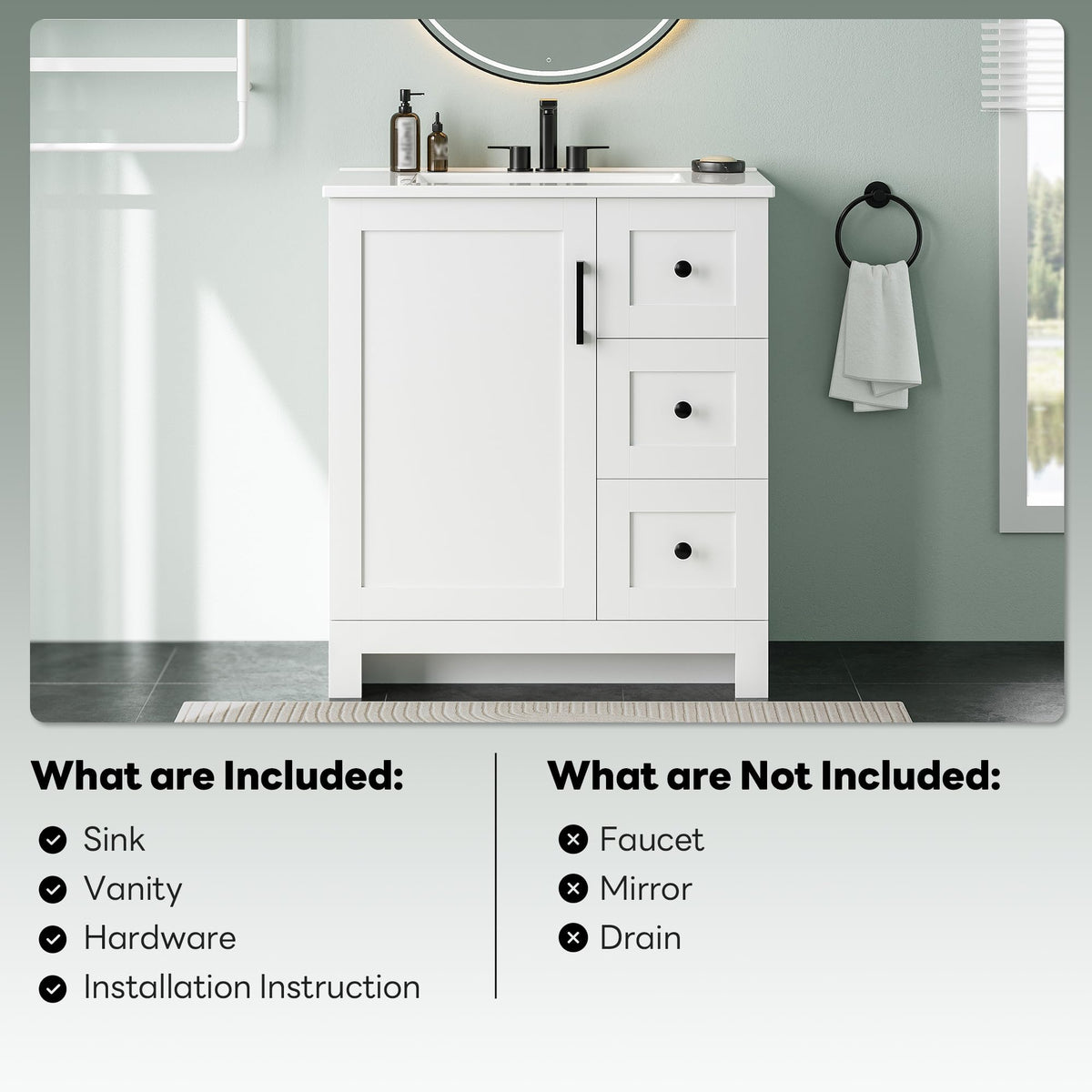 30" White Bathroom Vanity with Sink J1904