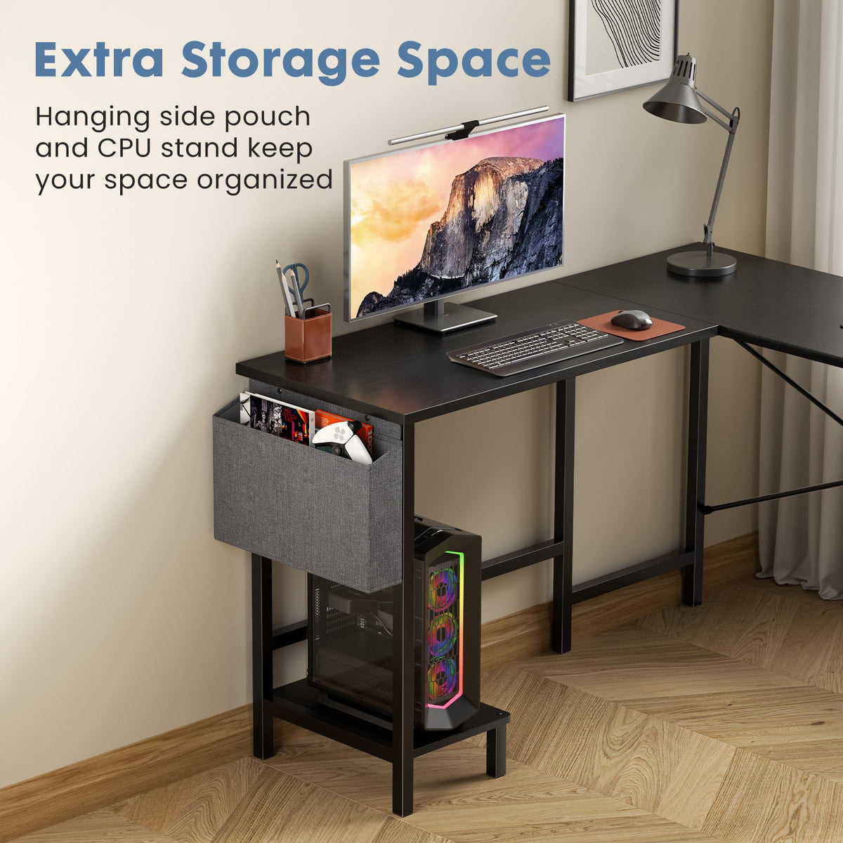 L Shaped Computer Corner Desk with PC Stand, Black P70456