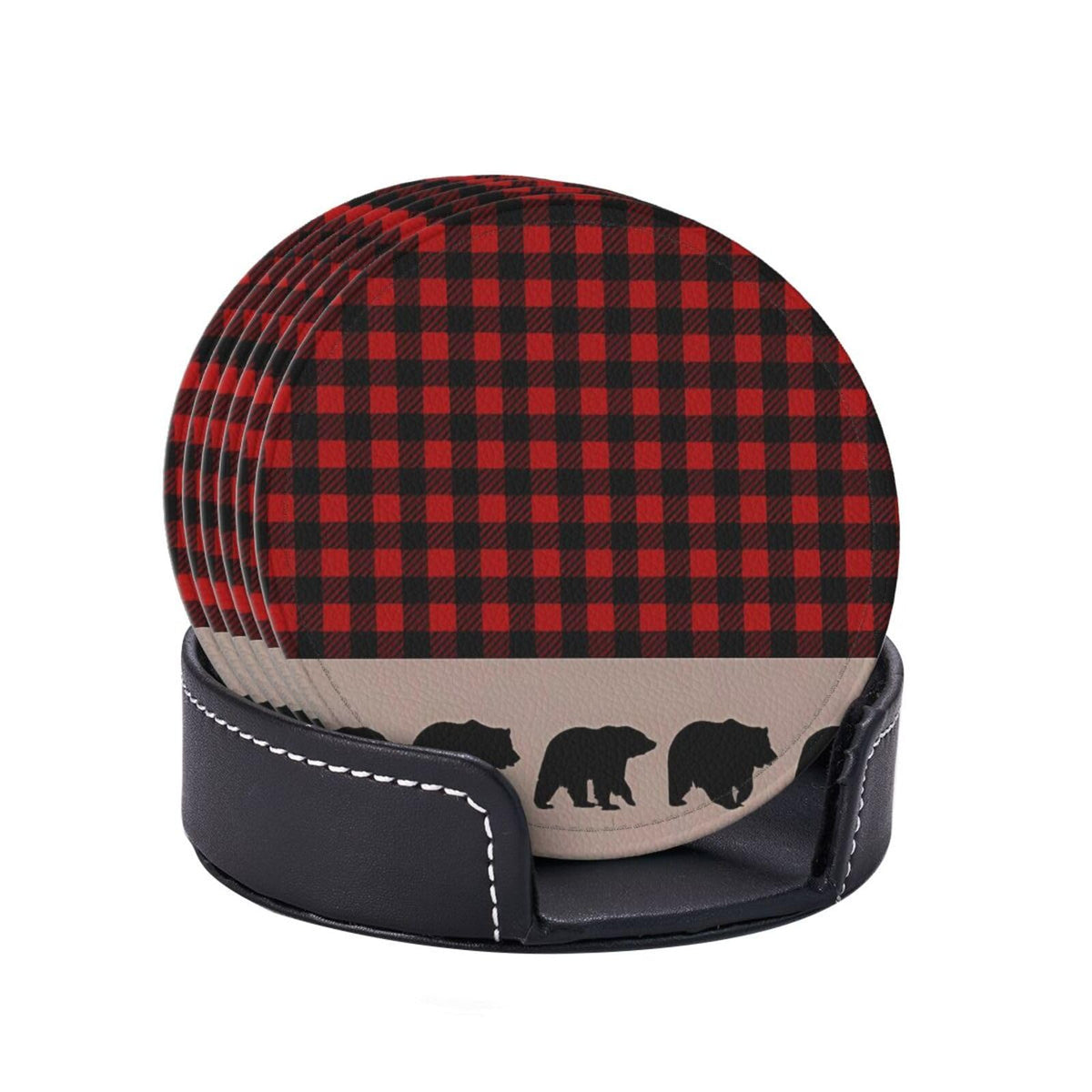 6 Pcs Plaid Leather Coasters with Holder W151