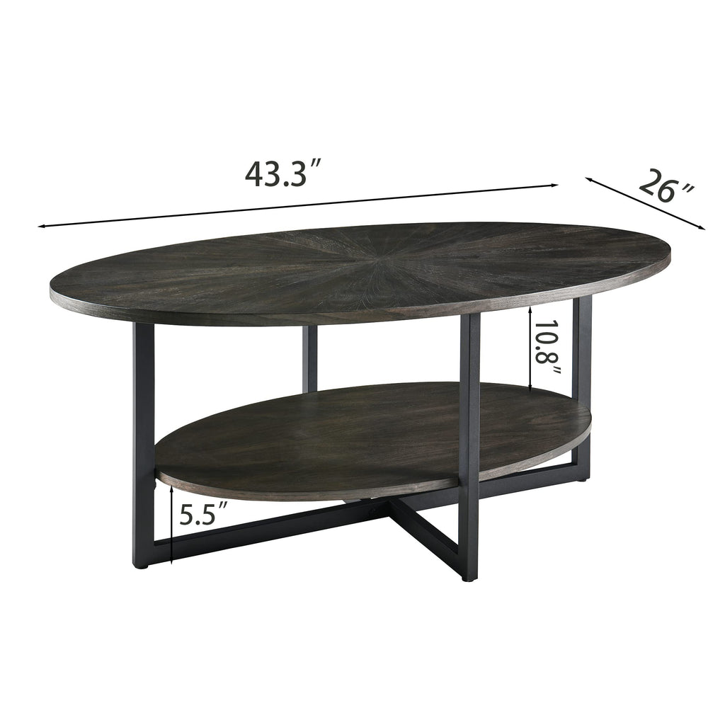 Wood Oval Coffee Table with Storage Shelf, 2-Tier, Black Brown A687186