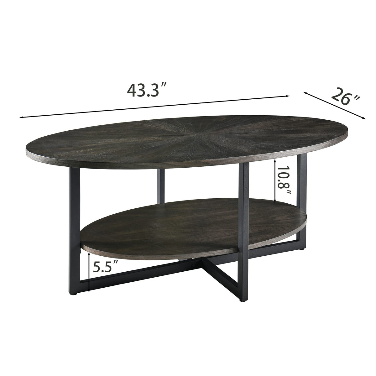 Wood Oval Coffee Table with Storage Shelf, 2-Tier, Black Brown A687186