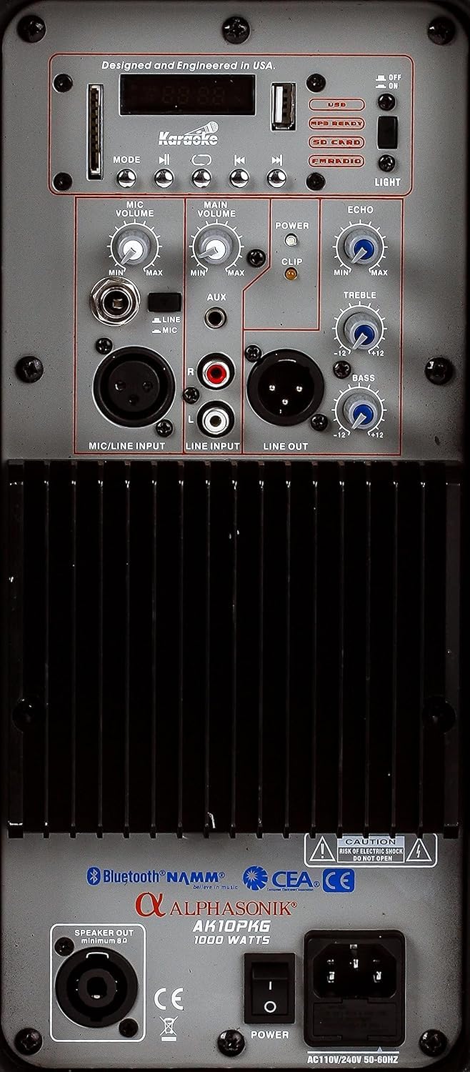 10" Powered 1000W DJ Speakers with Bluetooth USB SD Card AUX MP3 FM Radio PA System LED Lights Karaoke Mic E9915