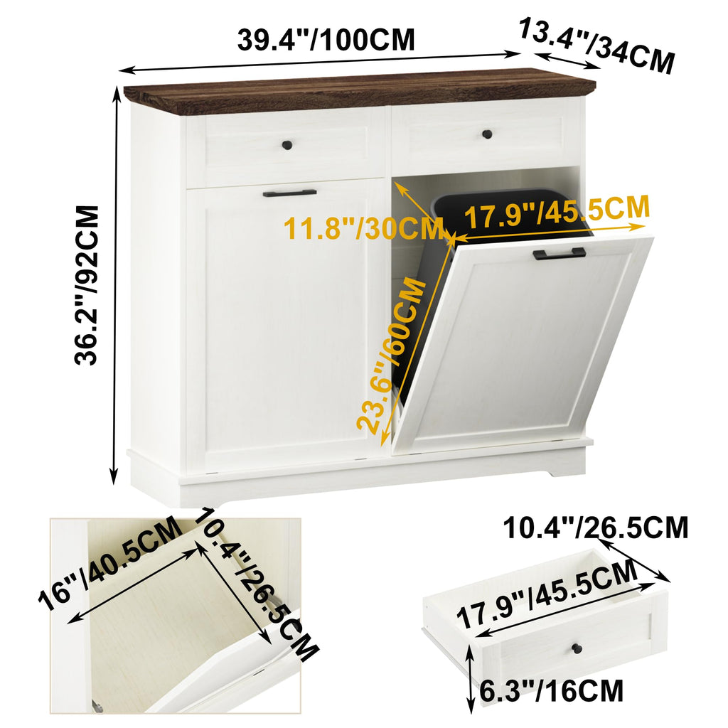 20 Gallon Wooden Tilt Out Trash Can Cabinet with Drawers M6416