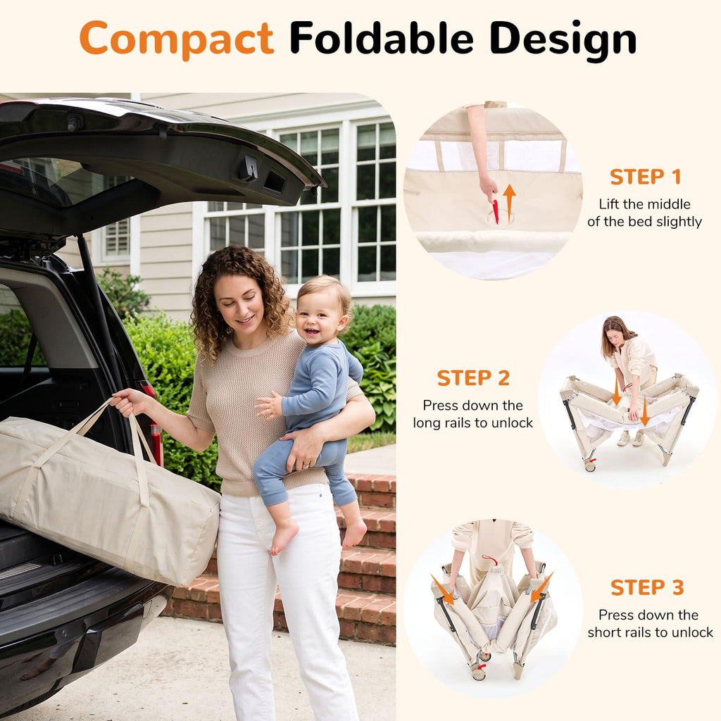 4 in 1 Foldable Pack and Play with Bassinet and Changing Table, Beige V8363