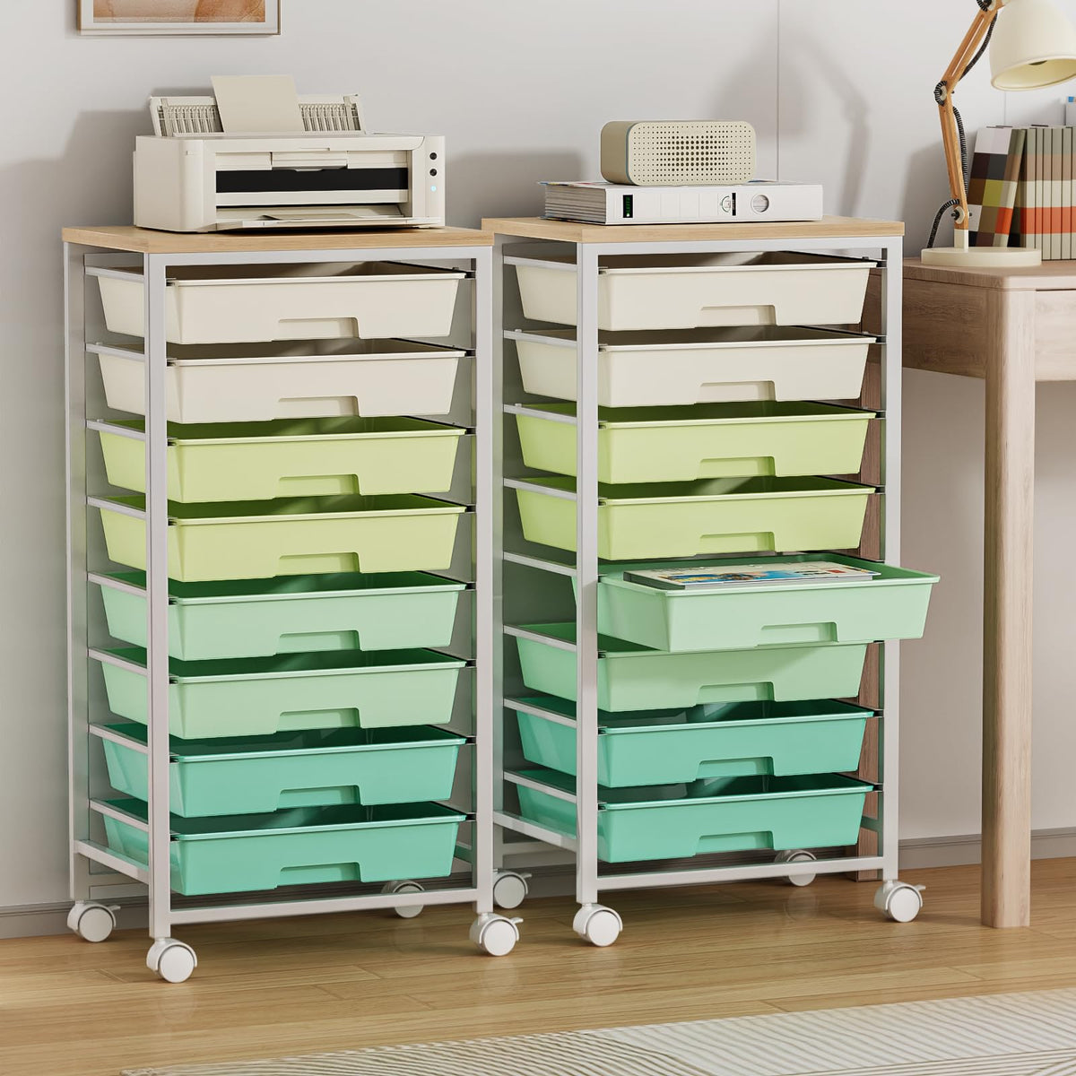 Rolling Storage Cart with 8 Drawers & Wooden Tabletop, Green, White Y36158