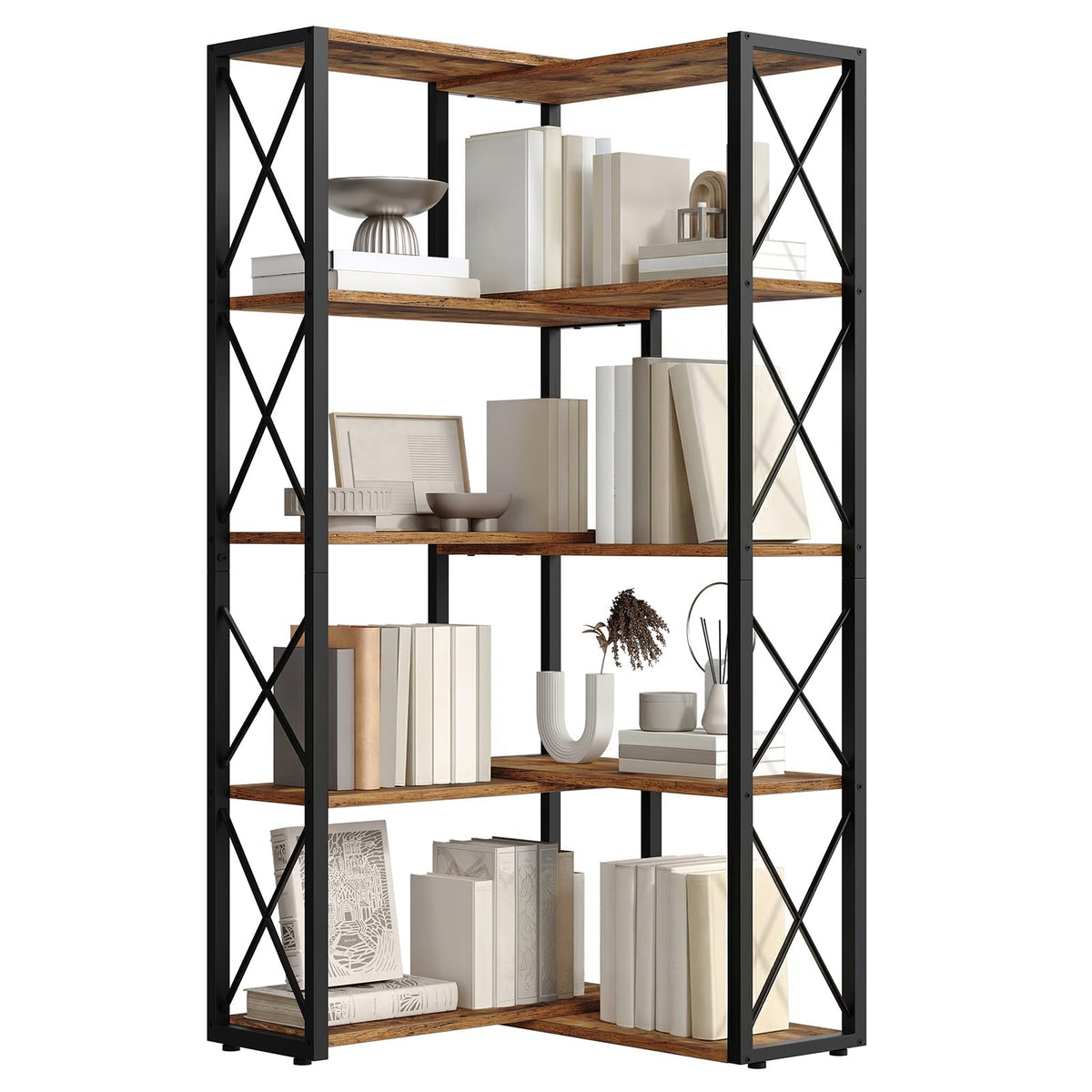 5-Tier Rustic Brown and Black Corner Bookshelf Z7917