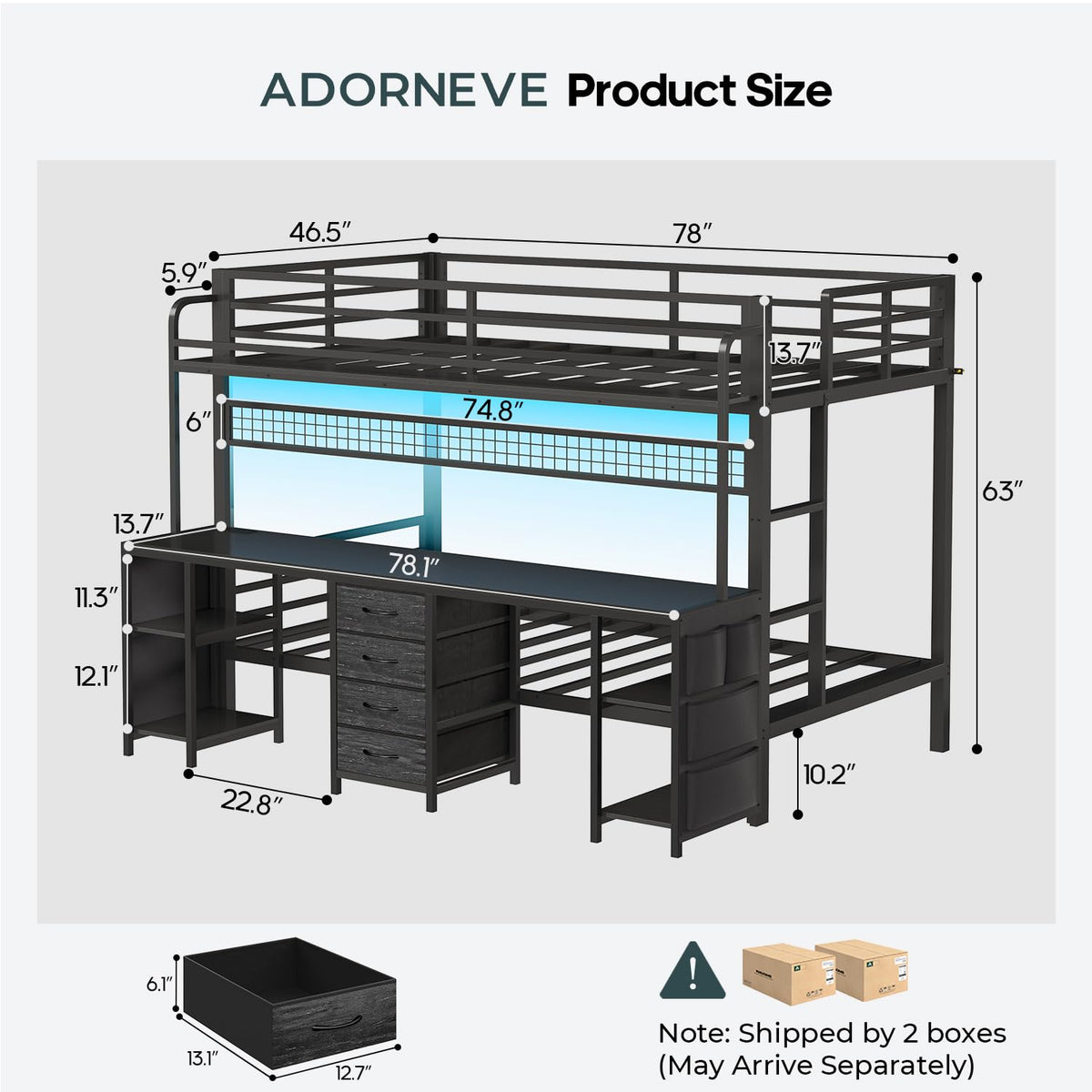 Twin Over Twin Bunk Bed with Desk and LED Lights V414773