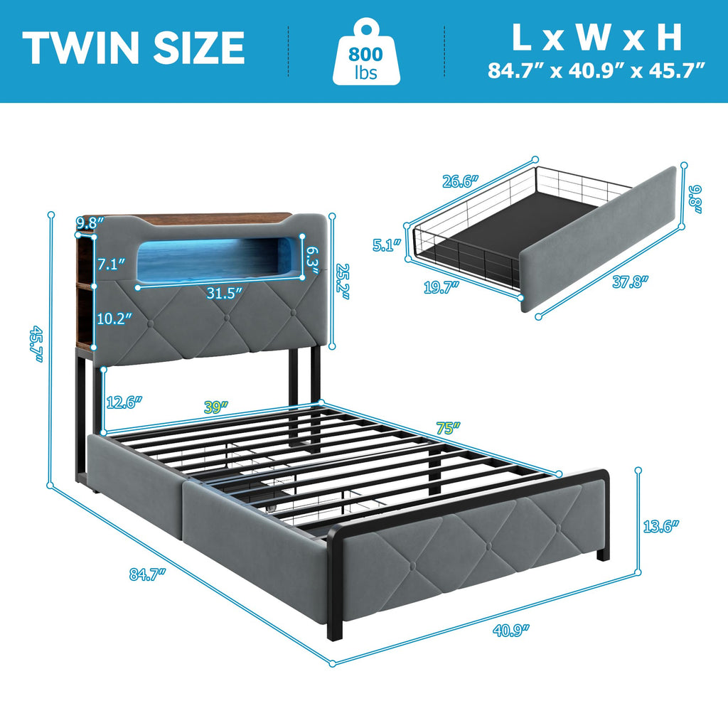 Twin Upholstered Velvet Platform Bed Frame with 2 Storage Drawers C3030