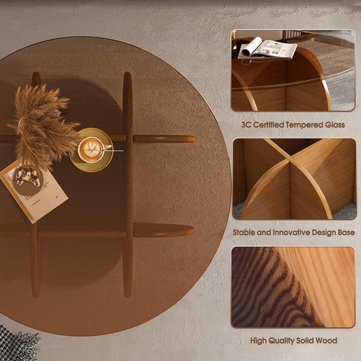 Round Glass Coffee Table with Solid Wood Legs B303540