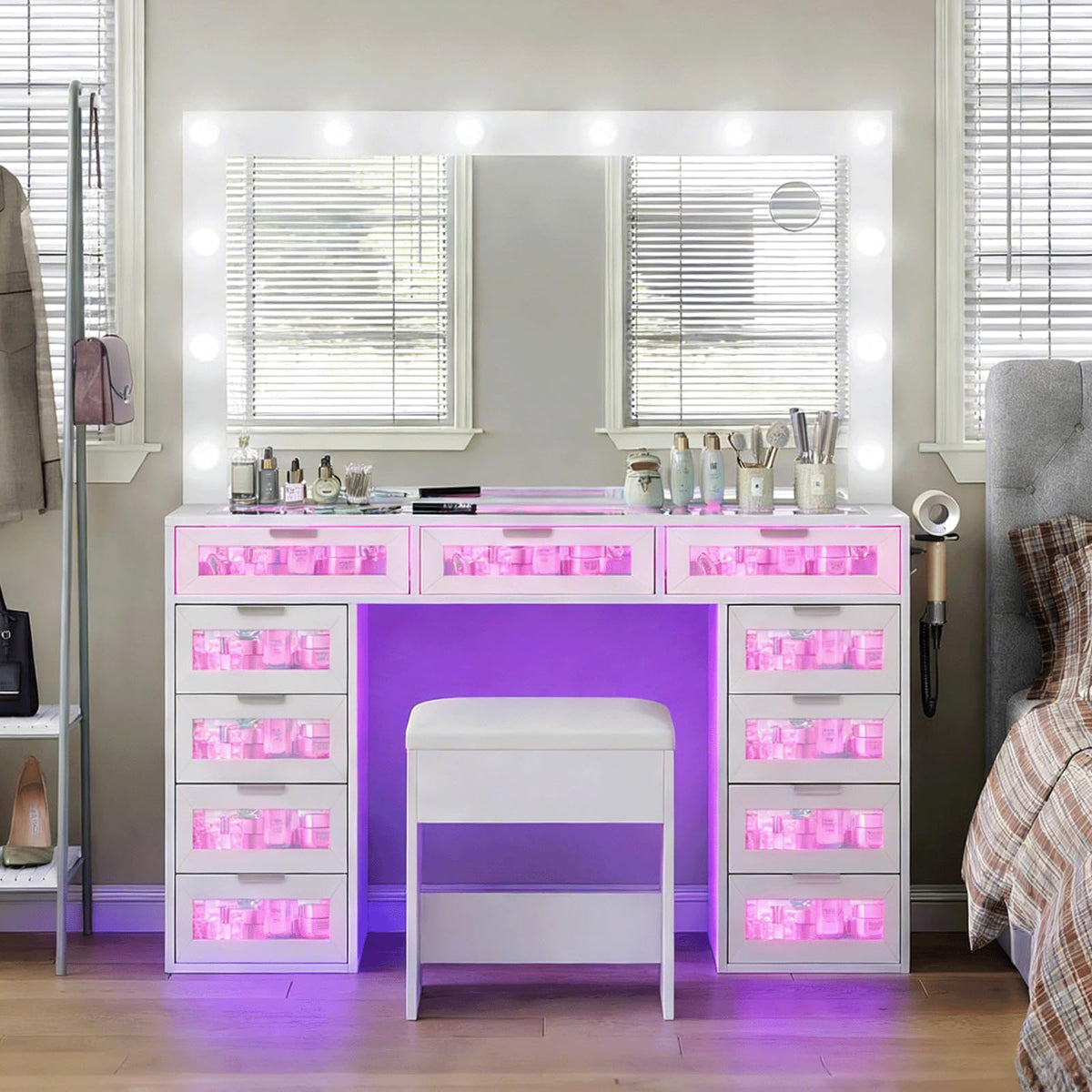 White Vanity Desk with Illuminated Mirror and Power Outlet D981