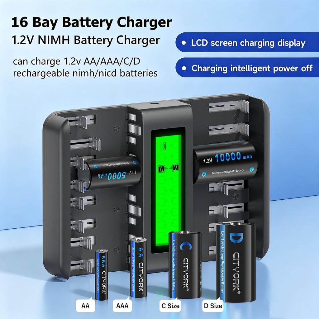 16 Pack AAA 1100mAh NiMH Batteries with 16 Bay LCD Battery Charger M4883