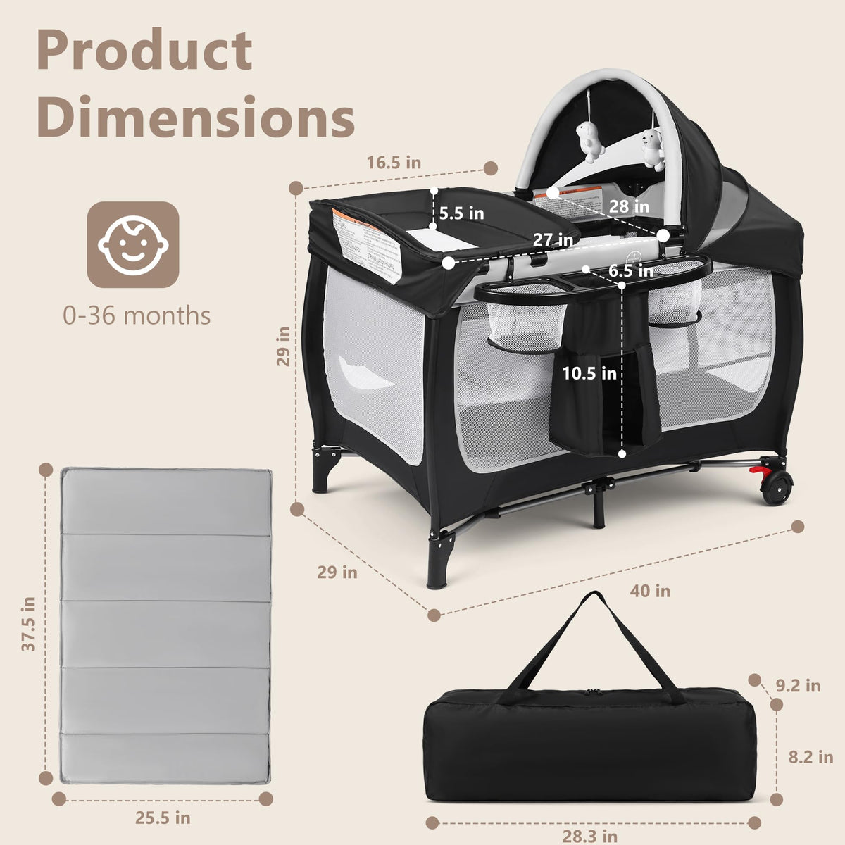 4 in 1 Portable Pack and Play Bassinet, Black X4608