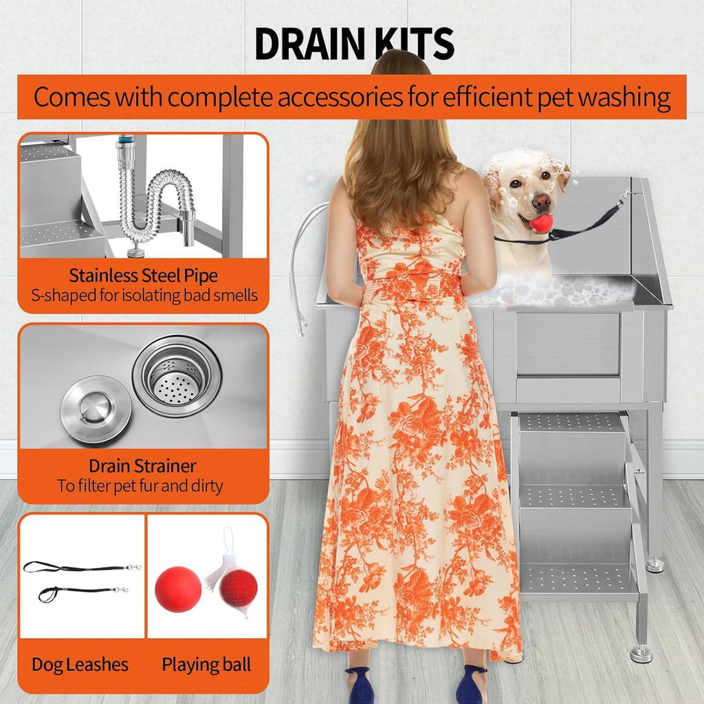 38" Stainless Steel Dog Grooming Tub with Stairs R50690