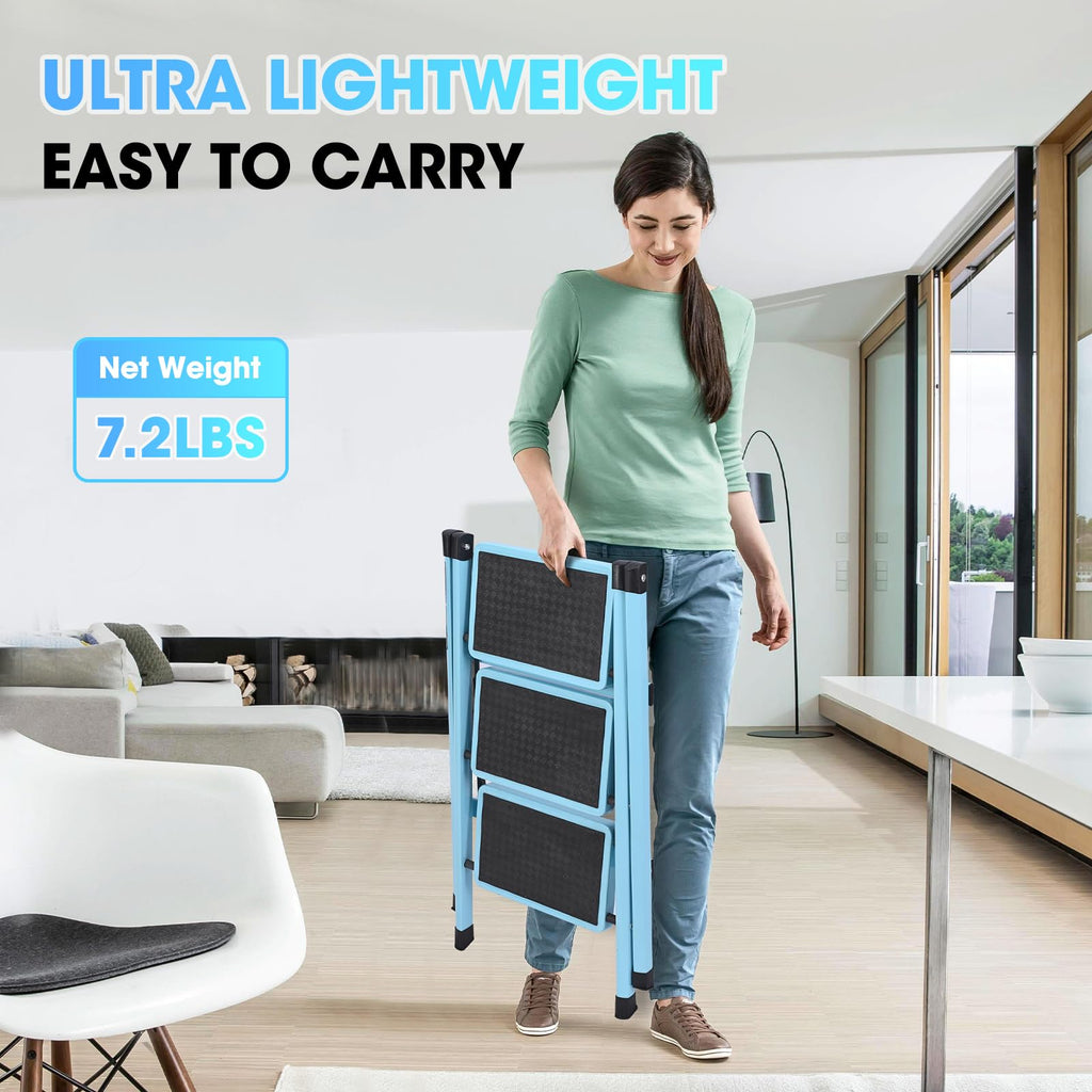 Folding Aluminum 3 Step Ladder 330 LBS Capacity Blue S242934