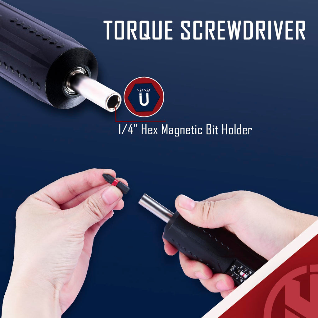 Torque Screwdriver Wrench Set 10-70 Inch Pounds with T-bar Handle, 40 Hex Bits, 1/4" Socket, Black E265