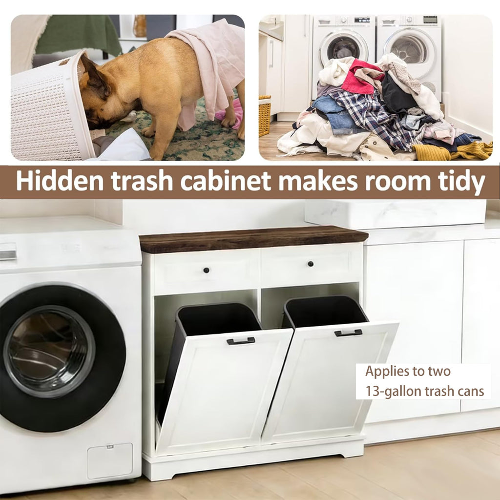 20 Gallon Wooden Tilt Out Trash Can Cabinet with Drawers M6416