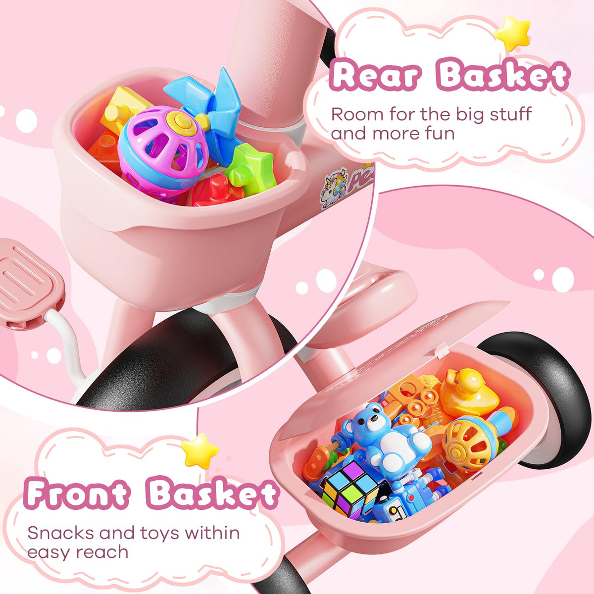 Pink Toddler Tricycle with Adjustable Seat and 2 Basket G528973