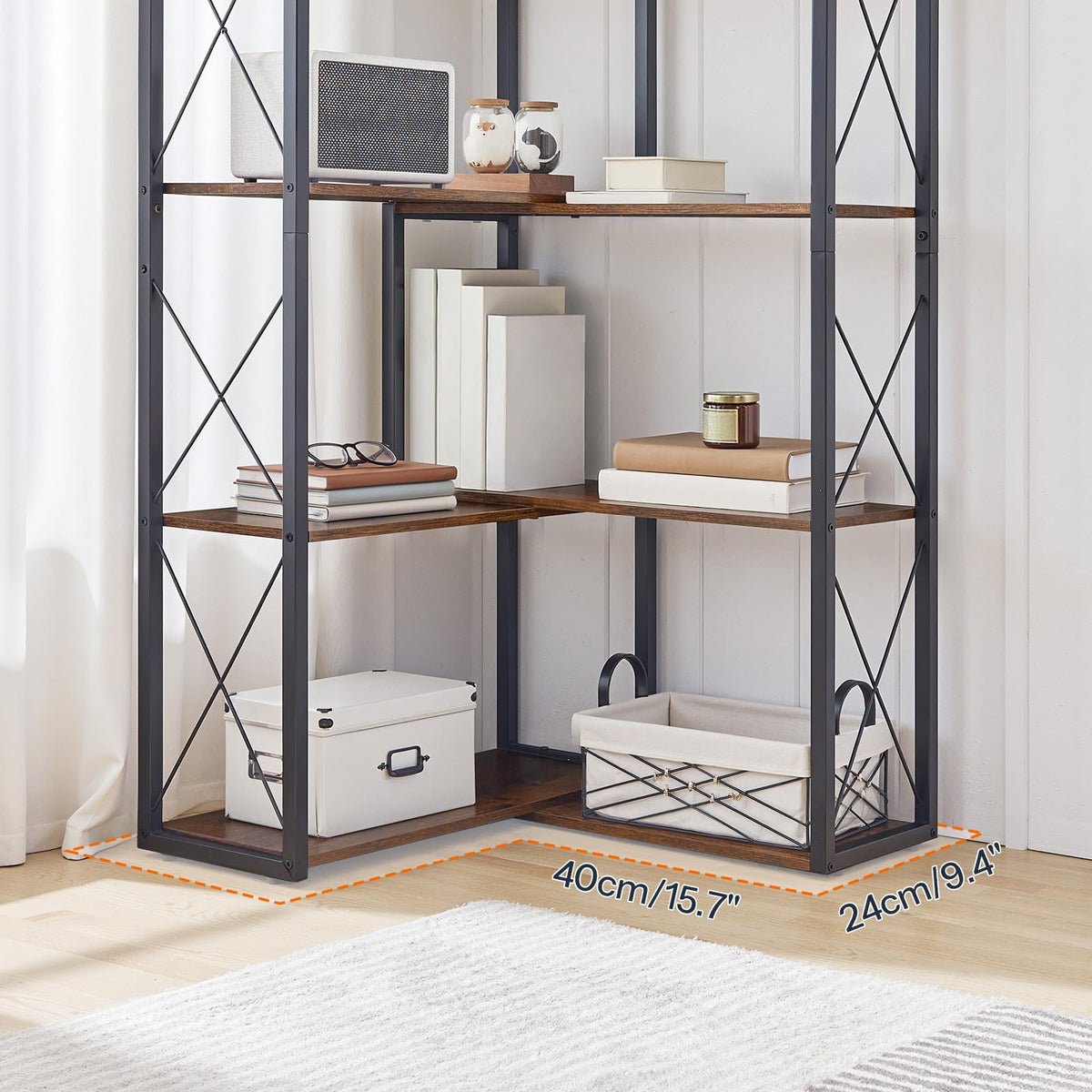 5-Tier Rustic Brown and Black Corner Bookshelf Z7917