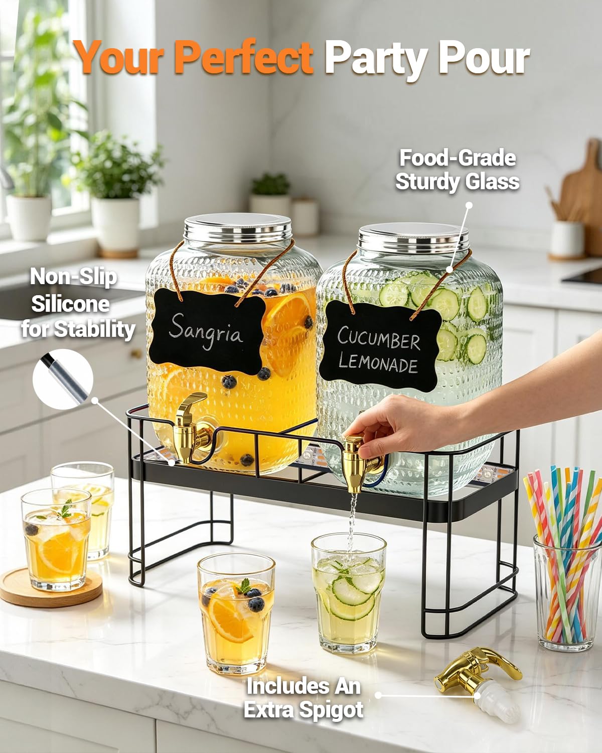 2 Pack 1 Gallon Glass Drink Dispensers with Stand Y521069