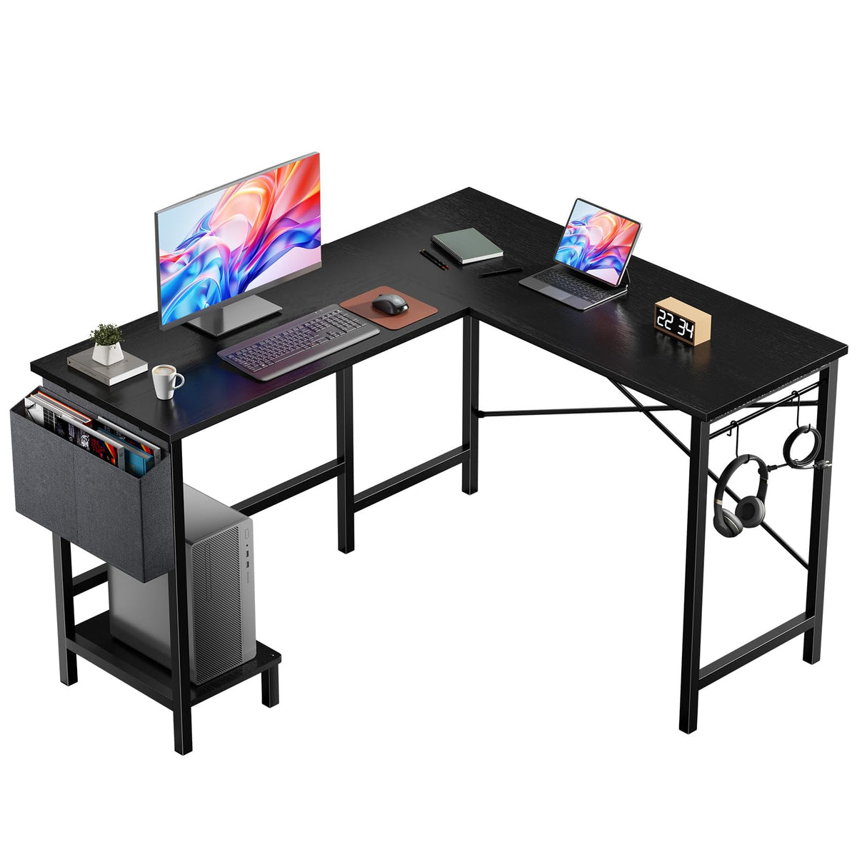 L Shaped Computer Corner Desk with PC Stand, Black P70456