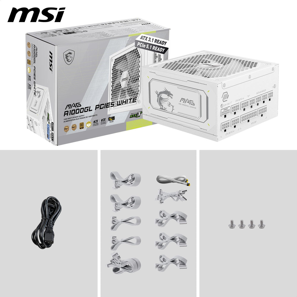 White 1000W Fully Modular 80+ Gold ATX 3.1 Power Supply J65971