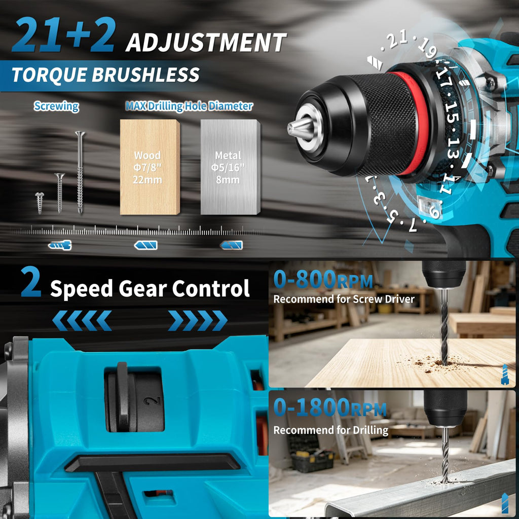 21V Cordless Brushless Drill Driver Combo Kit with 2x2.0Ah Battery S39830