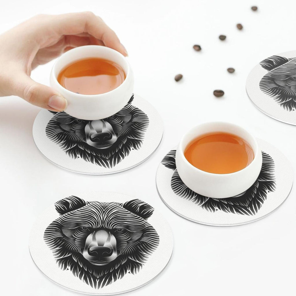 Black and White Bear Head Leather Coasters Set of 4 J928