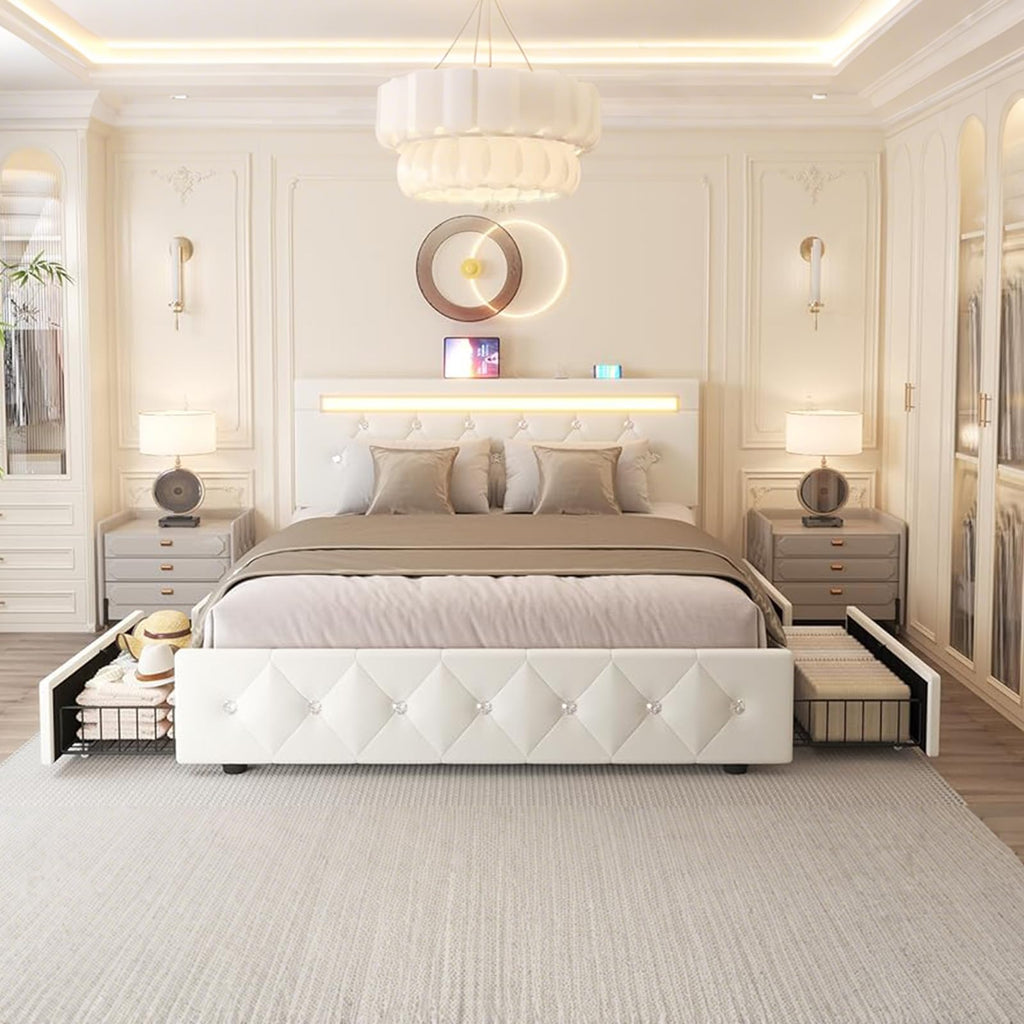 Full Size Bed Frame with LED Light and Storage Drawers N8486