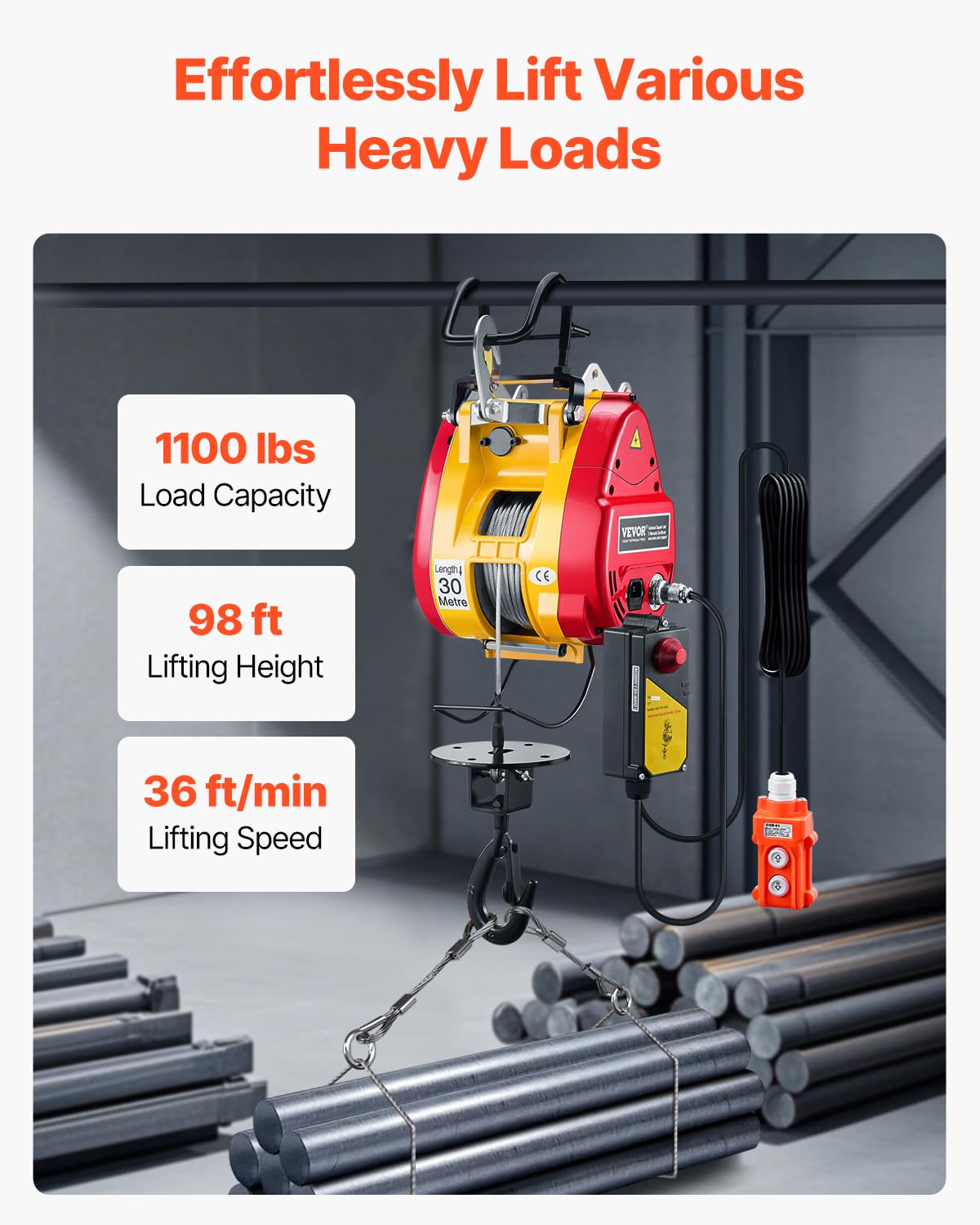1100 lbs 1800W Portable Electric Hoist Winch with Wireless Remote Control O492056