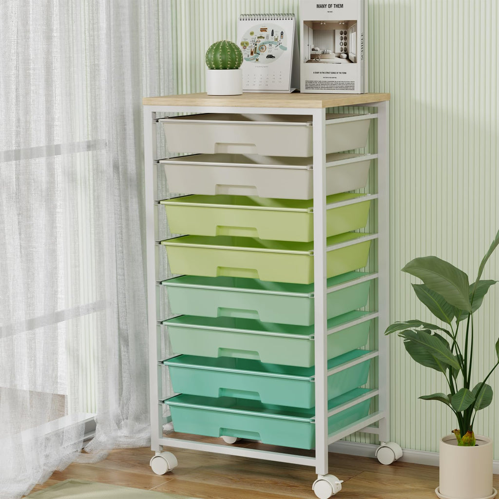 Rolling Storage Cart with 8 Drawers & Wooden Tabletop, Green, White Y36158
