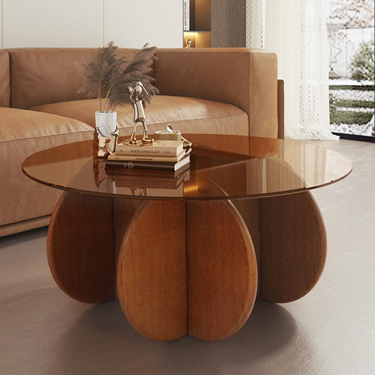 Round Glass Coffee Table with Solid Wood Legs B303540