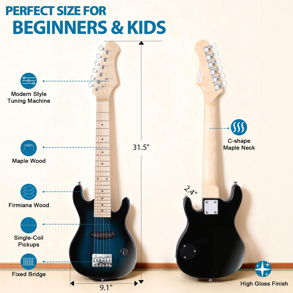 30 Inch Blue Kids Electric Guitar Beginner Kit with Amplifier K43976