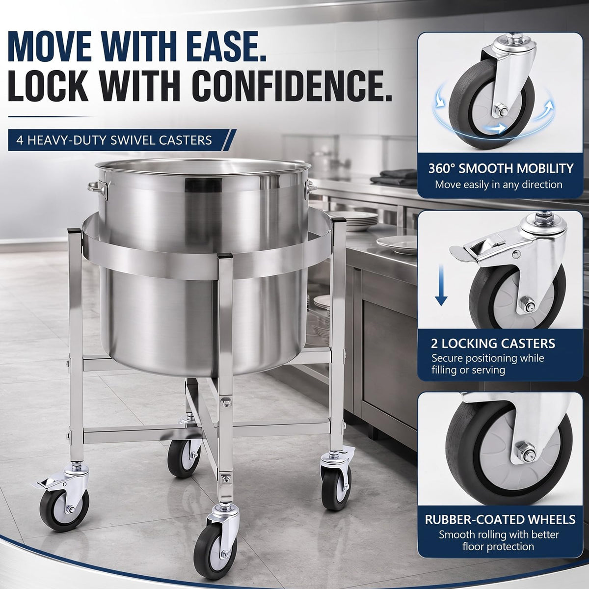 23.8 Inch Stainless Steel Stock Pot Dolly with Locking Casters V411