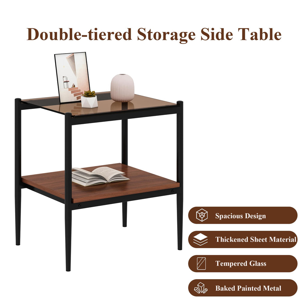 Glass End Table Set of 2 Brown Tempered Glass Black Iron Leg C18513